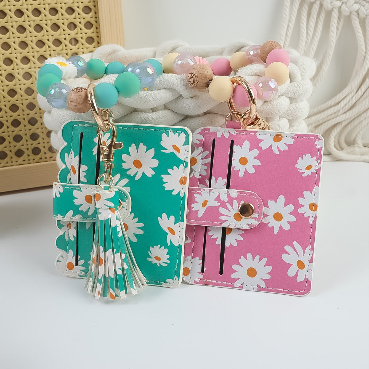Wholesale Cute  Print Beaded Bracelet Keychain PU Leather Tassel Card Holder Pendant